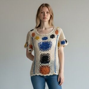 Miss Kelly Crochet Flower Patch Short Sleeve Top - Cream with colorful details